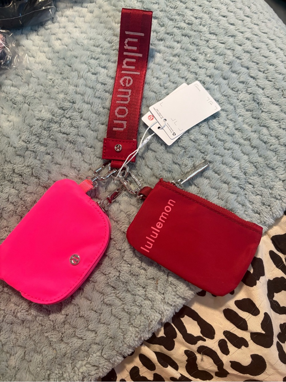 lululemon athletica pink and red wristlet keychain pouch set